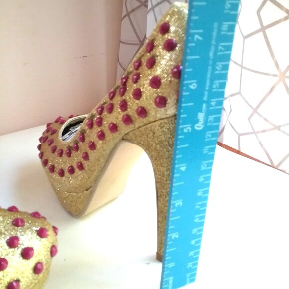 "Ami Clubwear" Size 6.5 Stripper Platform Pumps Heels Gold Sparkle, Pink Bubbles - Picture 9 of 15